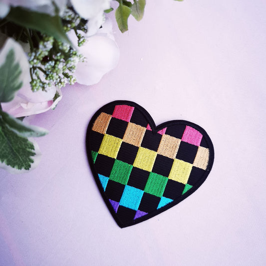 Rainbow checkerboard embroidery heart Iron on Transfers