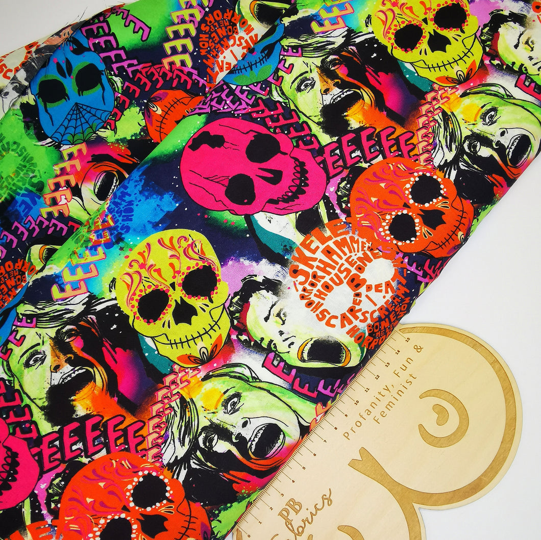 Embrace the Macabre: Horror Skulls and Screaming Faces Cotton Fabric (£8pm)